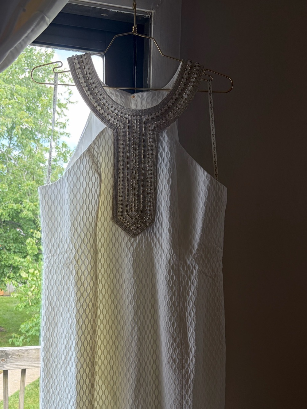 Lilly Pulitzer Cream Textured Shift Dress with Gold Embellished Neckline - Picture 2 of 16